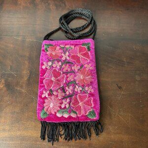 Pink Boho Embroidered Floral Guatemalan Crossbody Bohemian Purse Zip Fringe